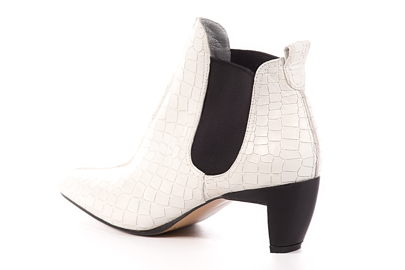 Women's off white and matt black elegant Chelsea ankle boots, with side elastics. Square toe. Medium comma heels - Rear view